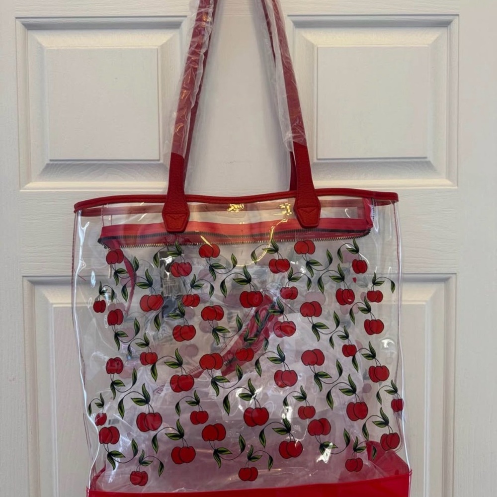 Ed Hardy Clear Tote with Red Cherry Print and Red Trim - Picture 2 of 7